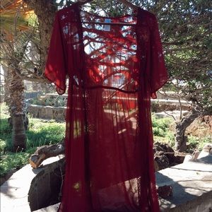 Wine red sheer kimono with lace detailing